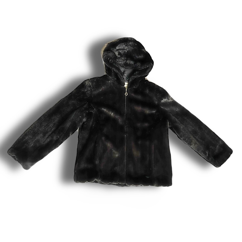 VINTAGE Lg Charles Klein Black Faux Fur Zip up Jacket w/Hood